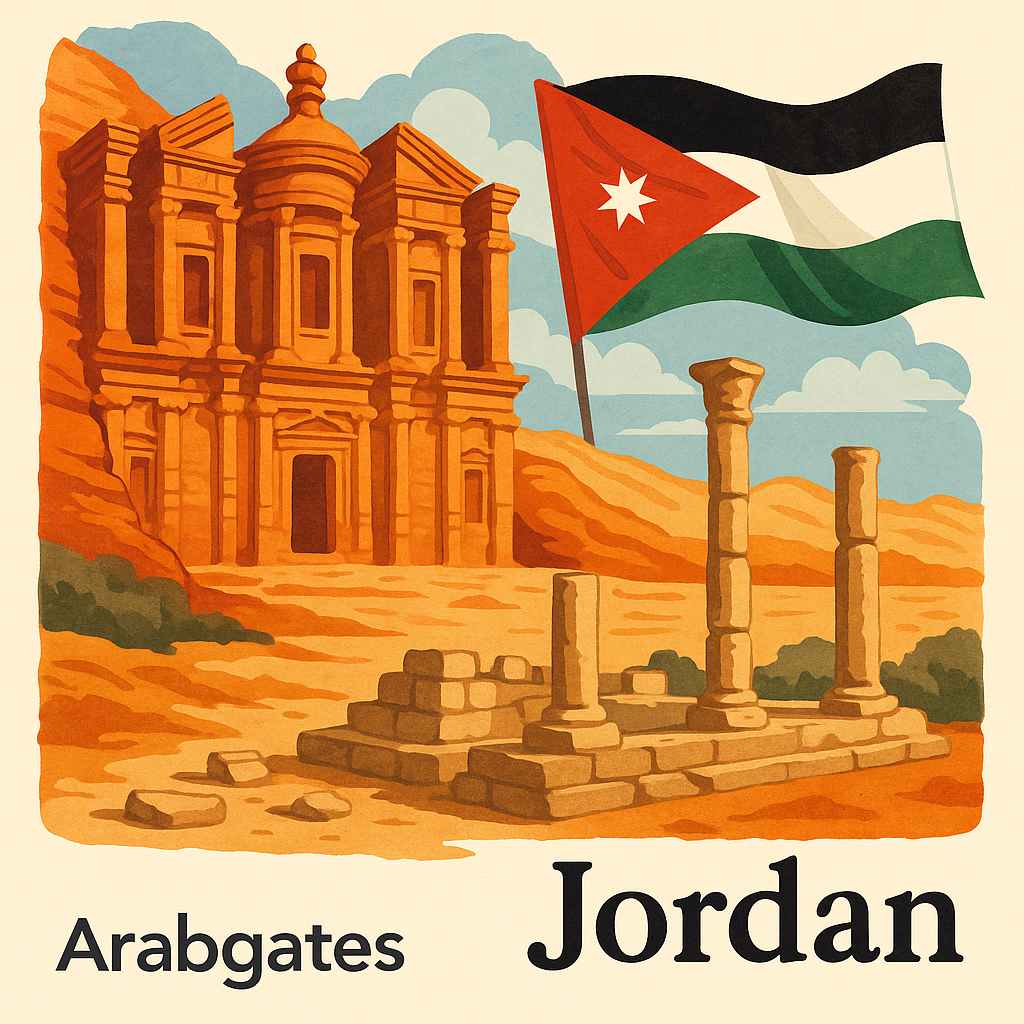 الصورة توضح البتراء المعلم التاريخي وتراثي للأردن وهي احد عجائب الدنيا السبعة بالإضافة الى علم الأردن واثار جرش ، في الأردن